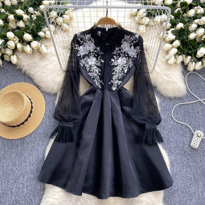 Beaded Mesh Embroidered Black Dress