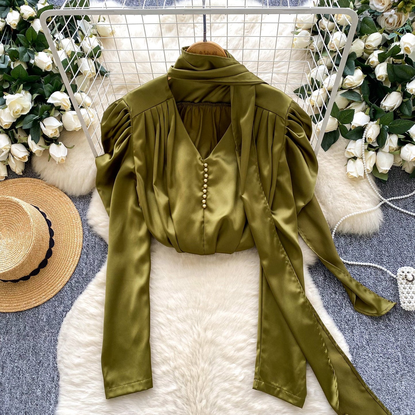 V-neck Satin Shirt with Ribbon
