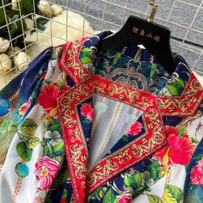 Courtly Floral Single-breasted Dress