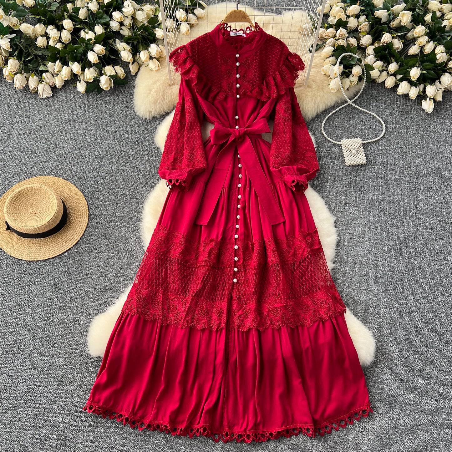Vintage Lace Patchwork Single-breasted Dress