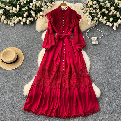 Vintage Lace Patchwork Single-breasted Dress