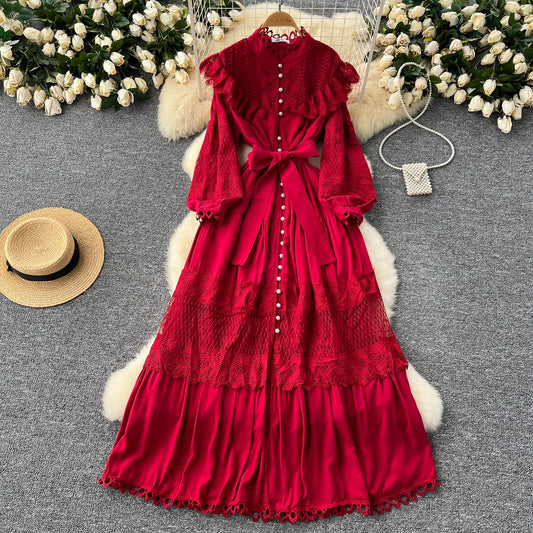 Robe Vintage en Dentelle à Patchwork et Boutonnage Simple