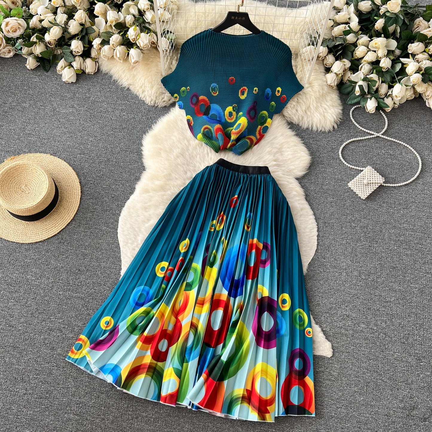 Printed Top&Pleated Skirt 2Pcs