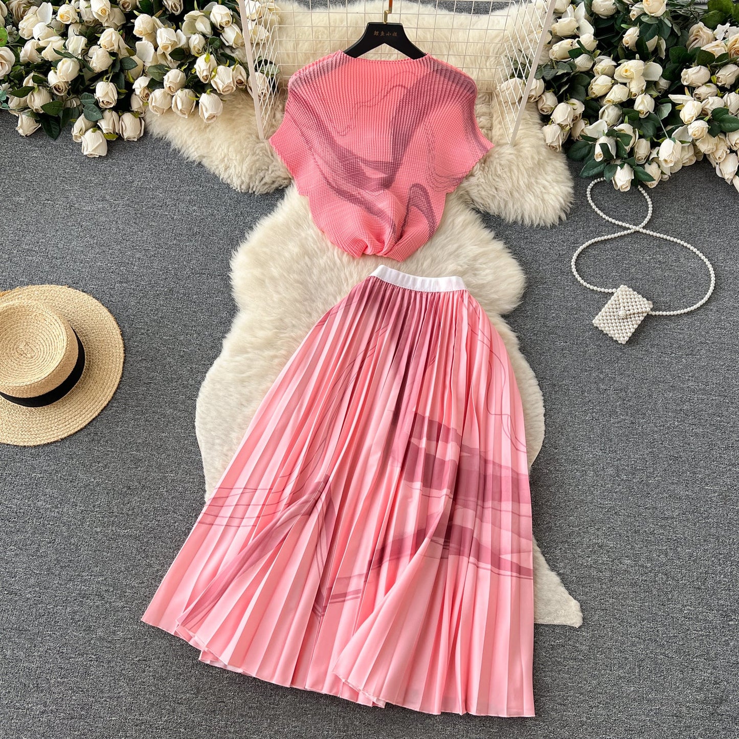 Printed Top&Pleated Skirt 2Pcs