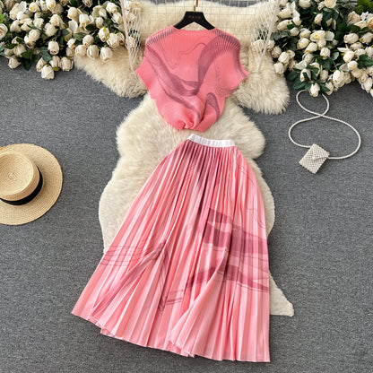 Printed Top&Pleated Skirt 2Pcs