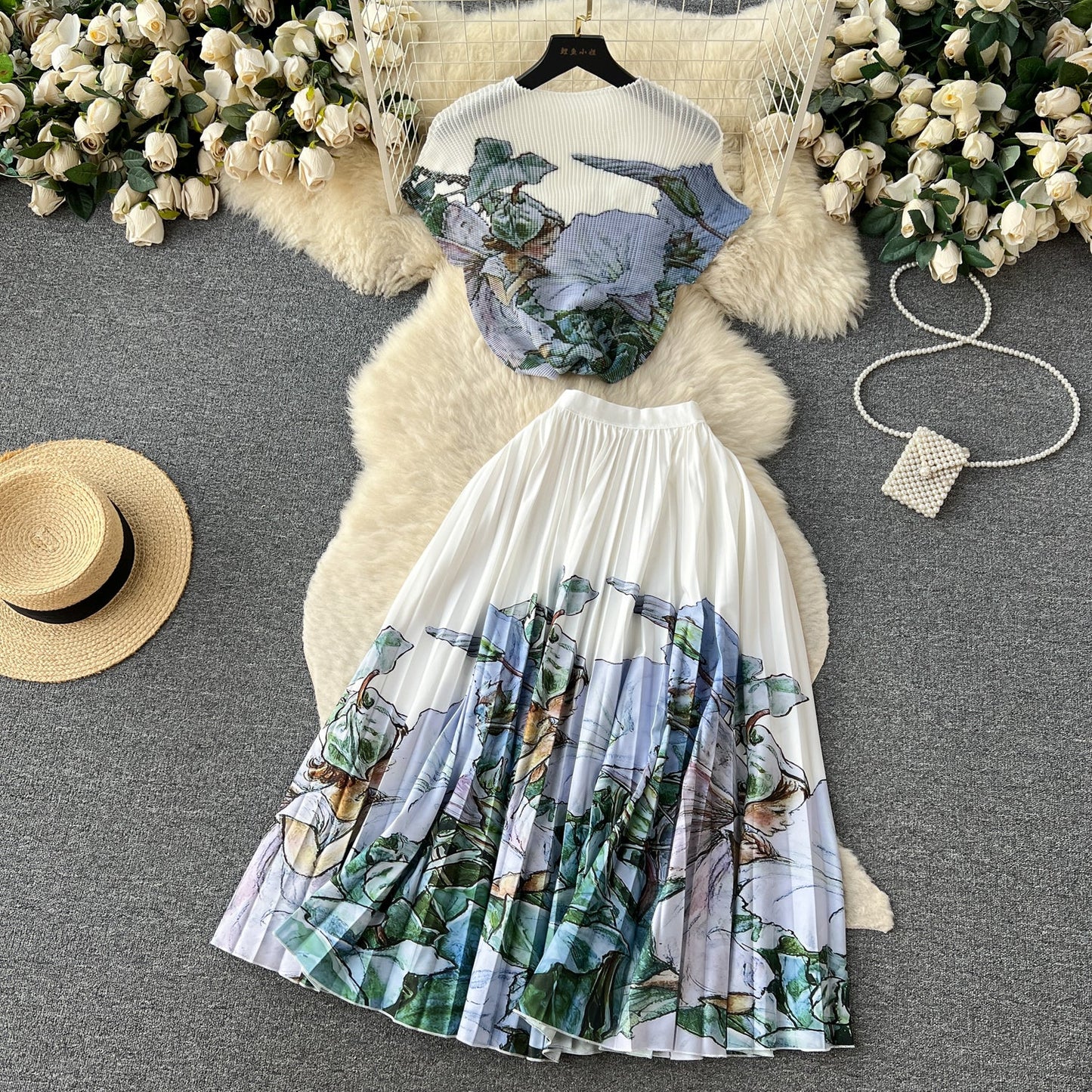 Printed Top&Pleated Skirt 2Pcs