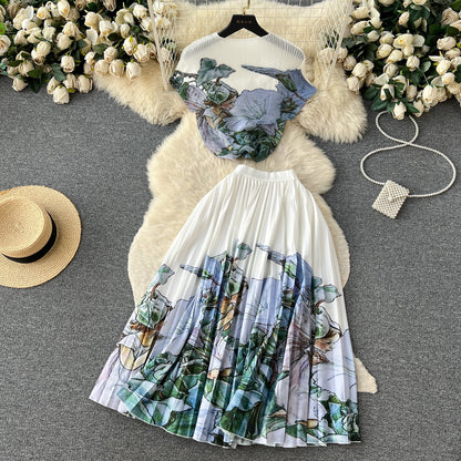 Printed Top&Pleated Skirt 2Pcs