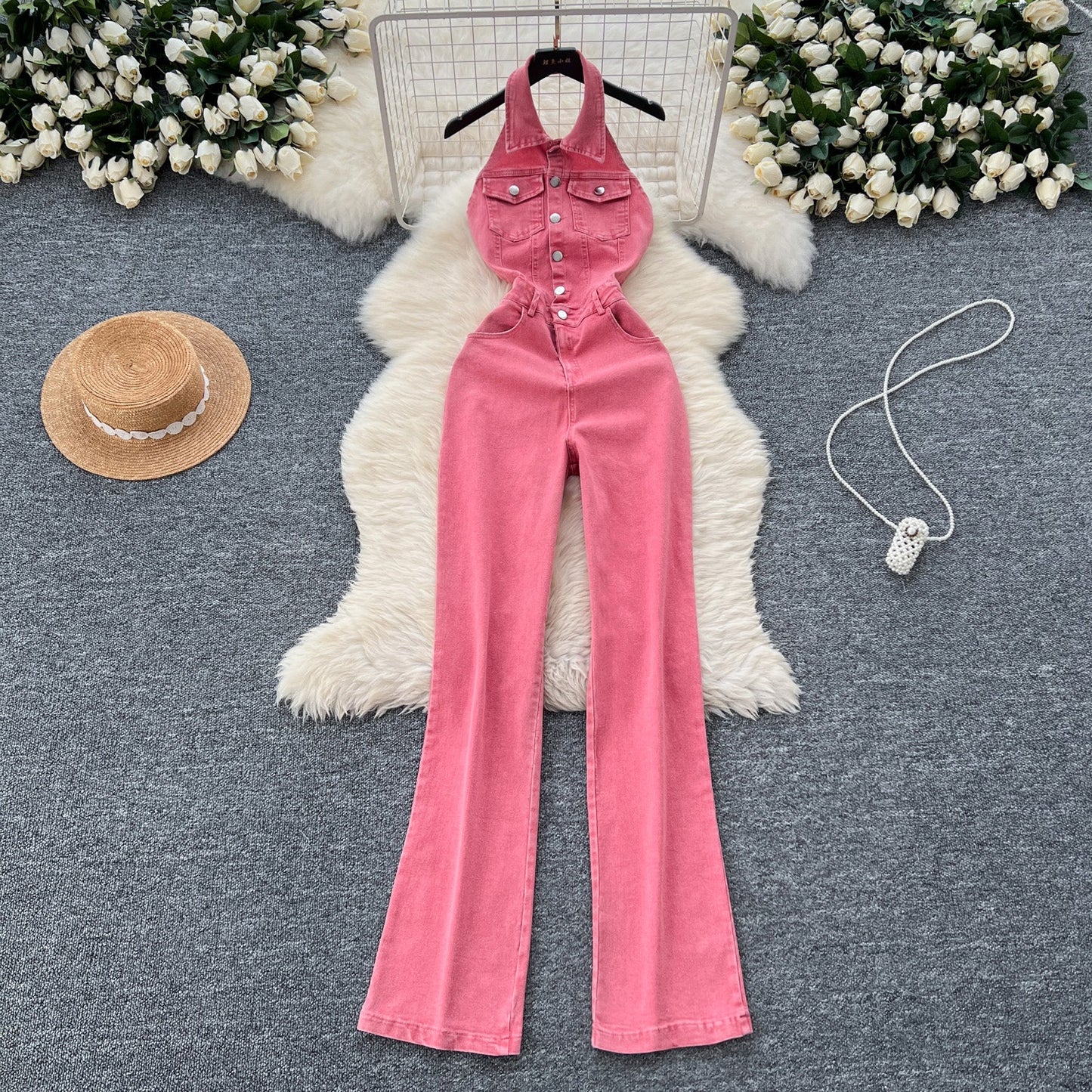Backless Halter Denim Jumpsuit