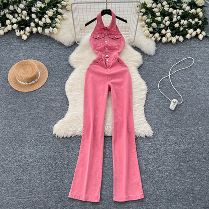 Backless Halter Denim Jumpsuit