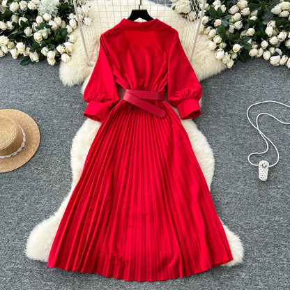 Lapeled Pleat Shirt Dress with Belt