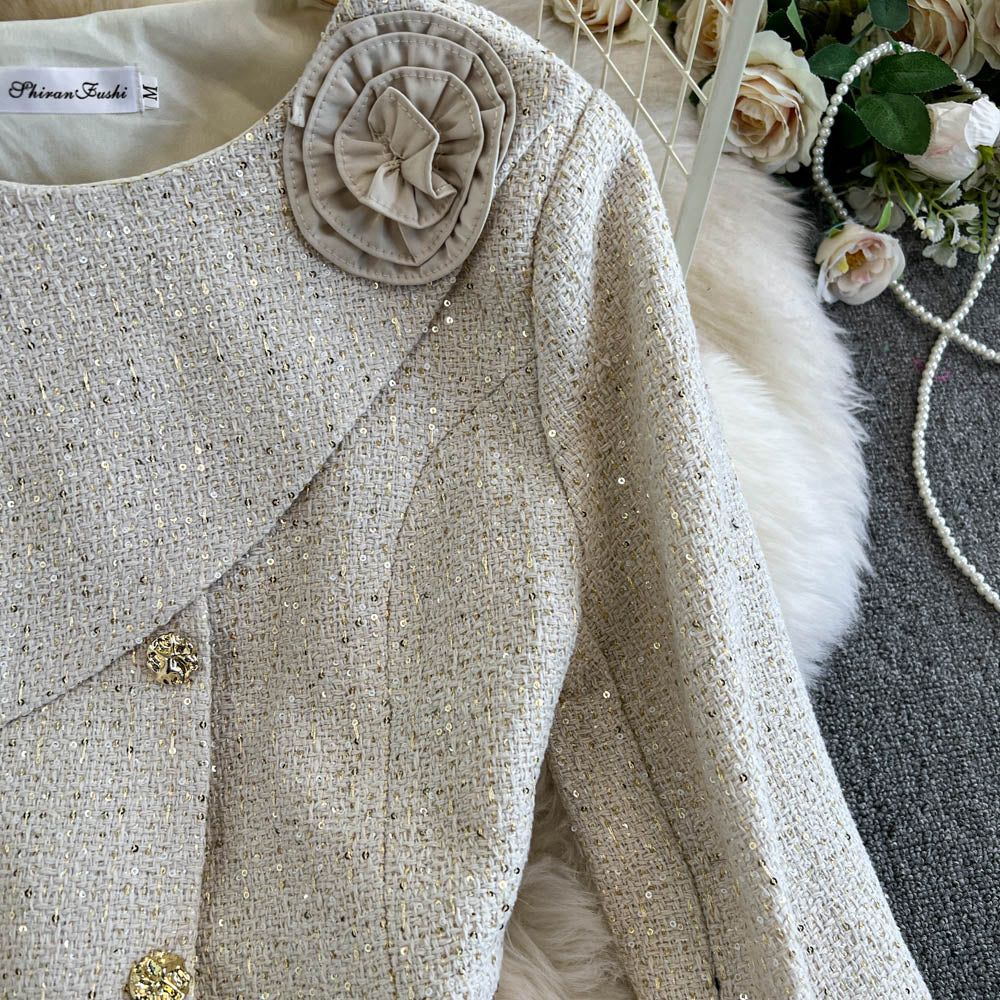 Ruffled Blazer&Slim Skirt Tweed 2Pcs