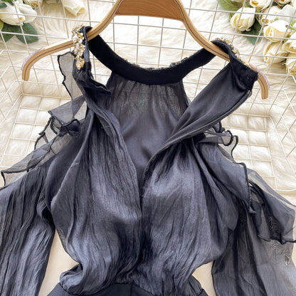 Parisian Black Beaded V-Neck Dress