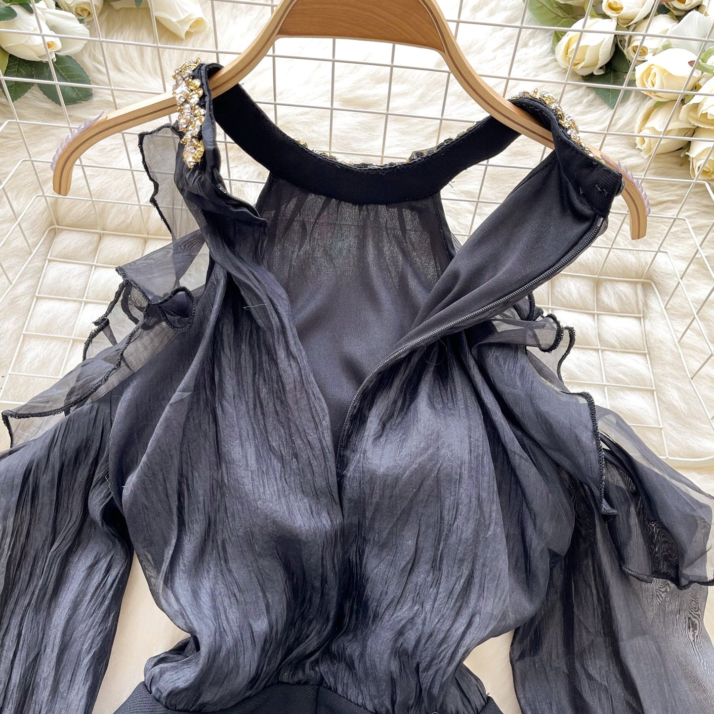 French Style Beaded Neckline Black Dress