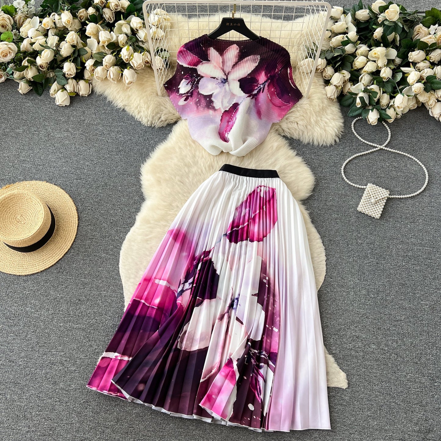 Printed Top&Pleated Skirt 2Pcs