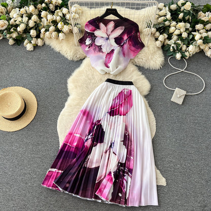 Printed Top&Pleated Skirt 2Pcs