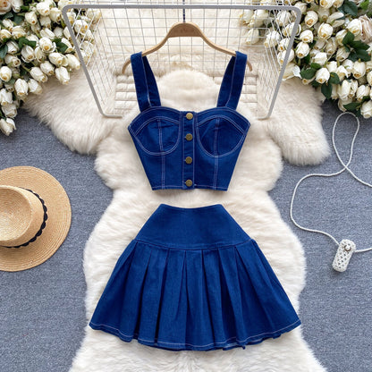 Denim Camisole & Pleated Skirt Set