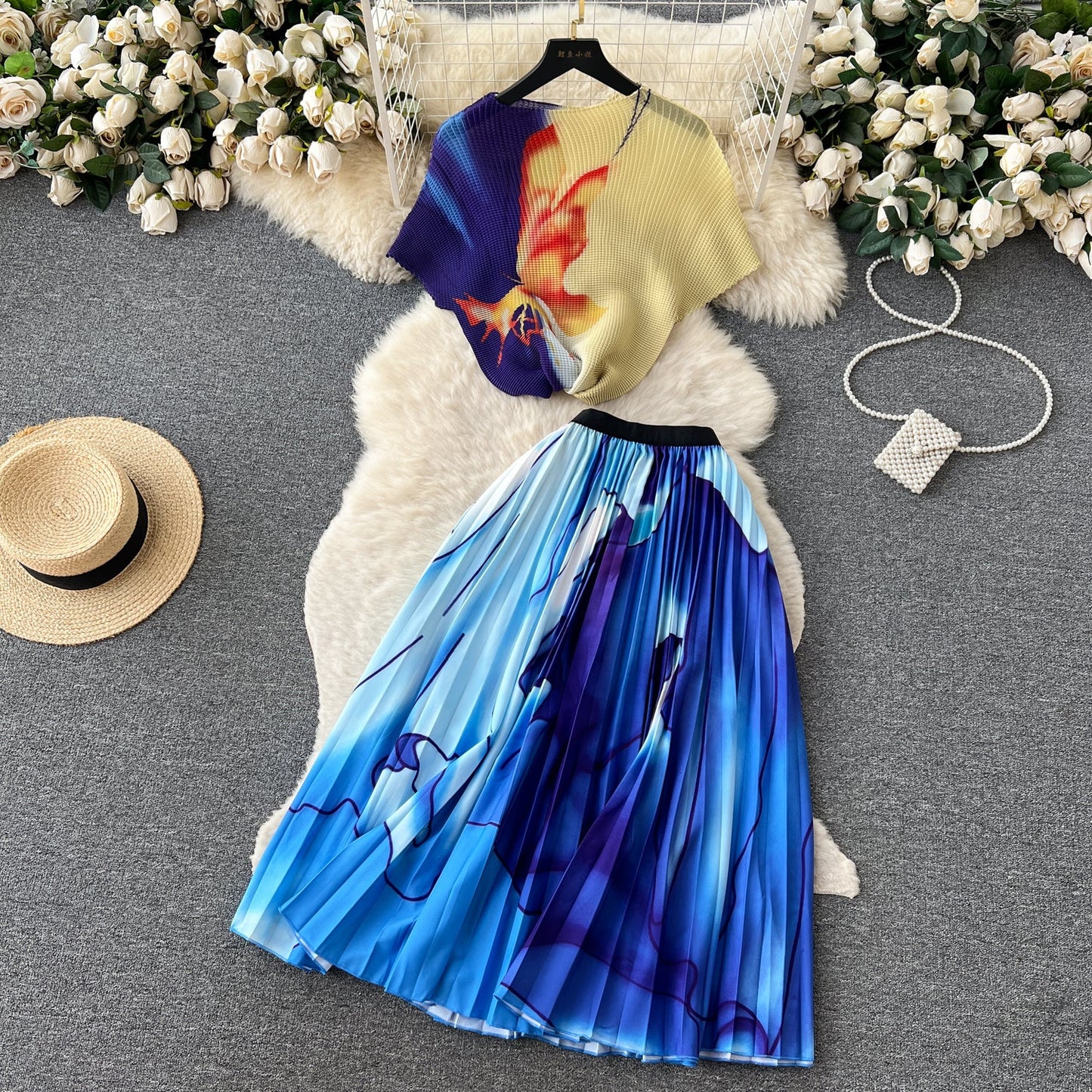 Printed Top&Pleated Skirt 2Pcs