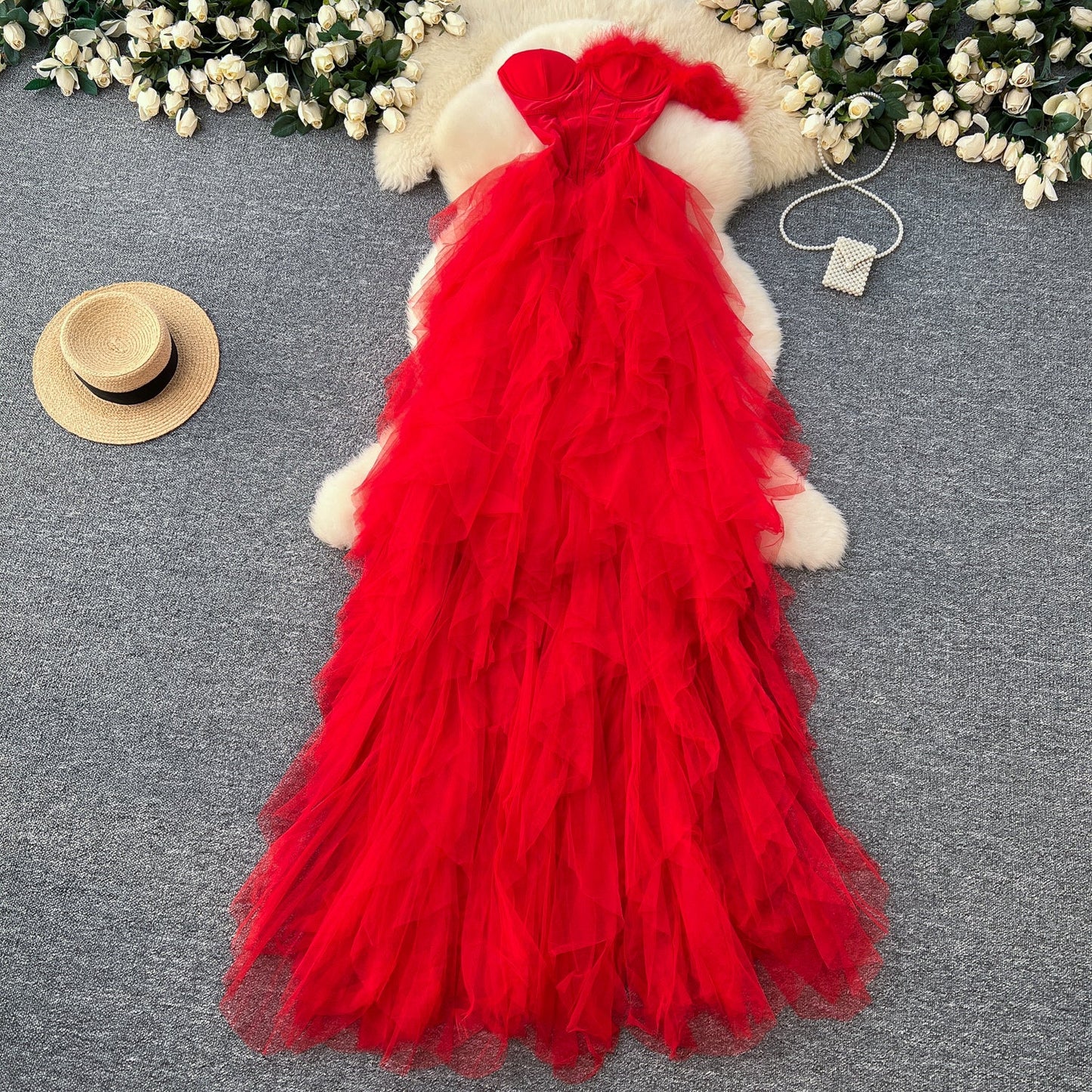 Strapless See-through Mesh Puffy Dress