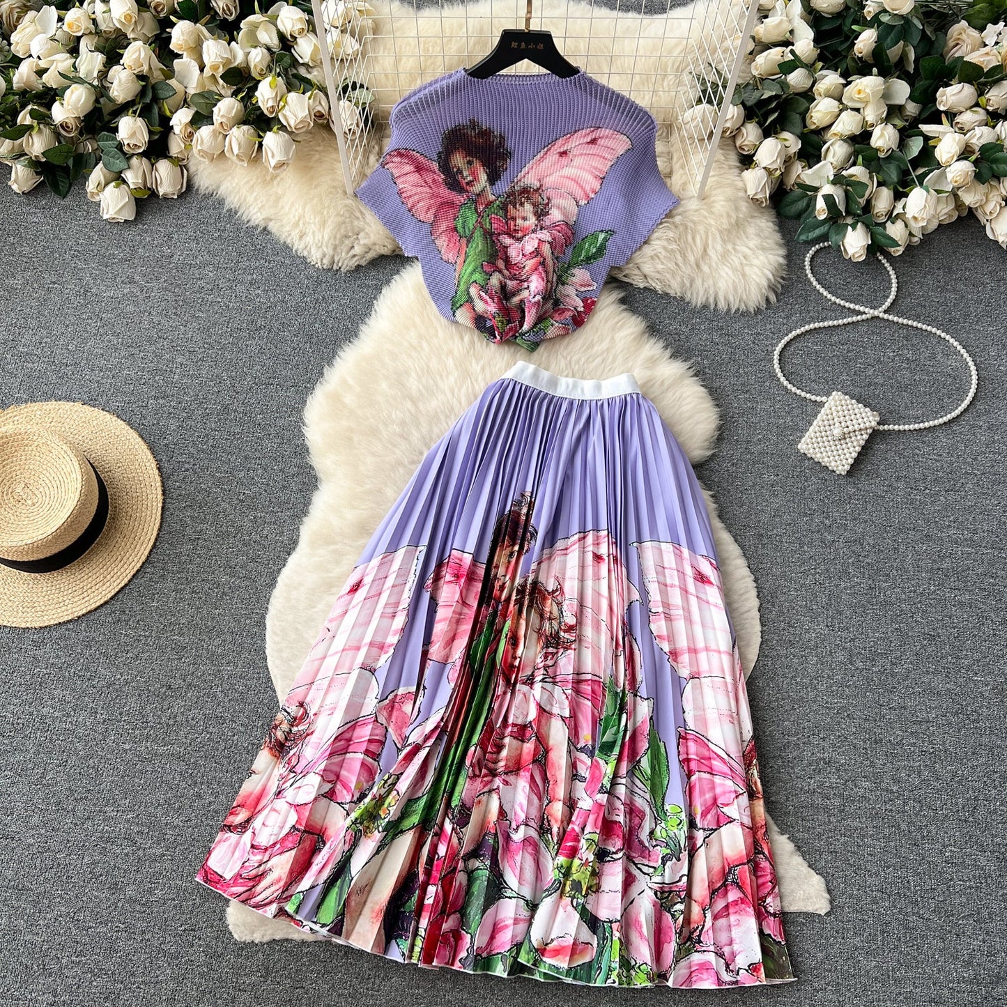 Printed Top&Pleated Skirt 2Pcs
