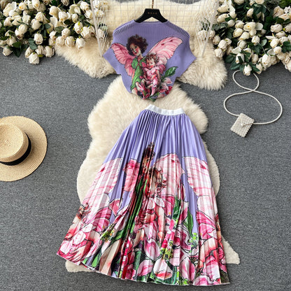 Printed Top&Pleated Skirt 2Pcs