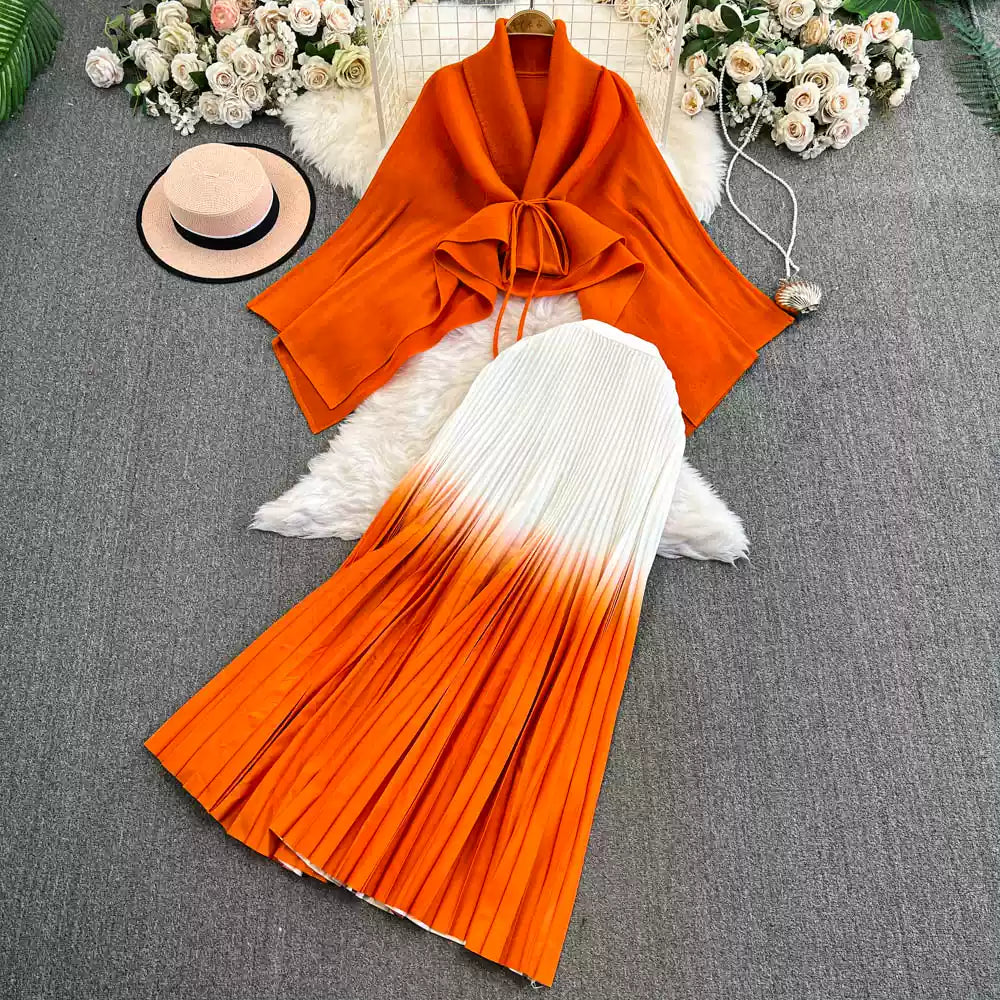 Thickened Cardigan&Gradient Skirt 2Pcs