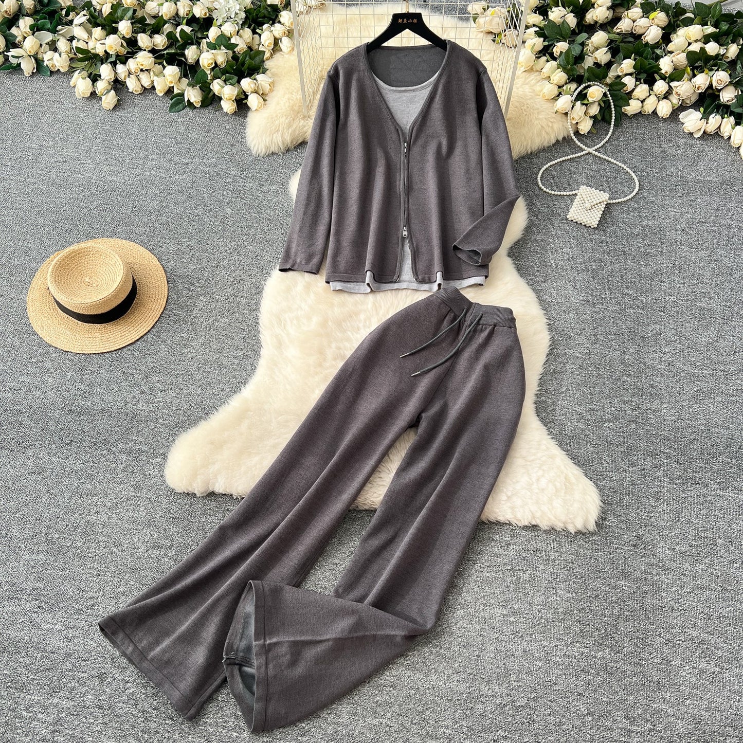 Faux Two-pieces Cardigan & Trousers 2Pcs