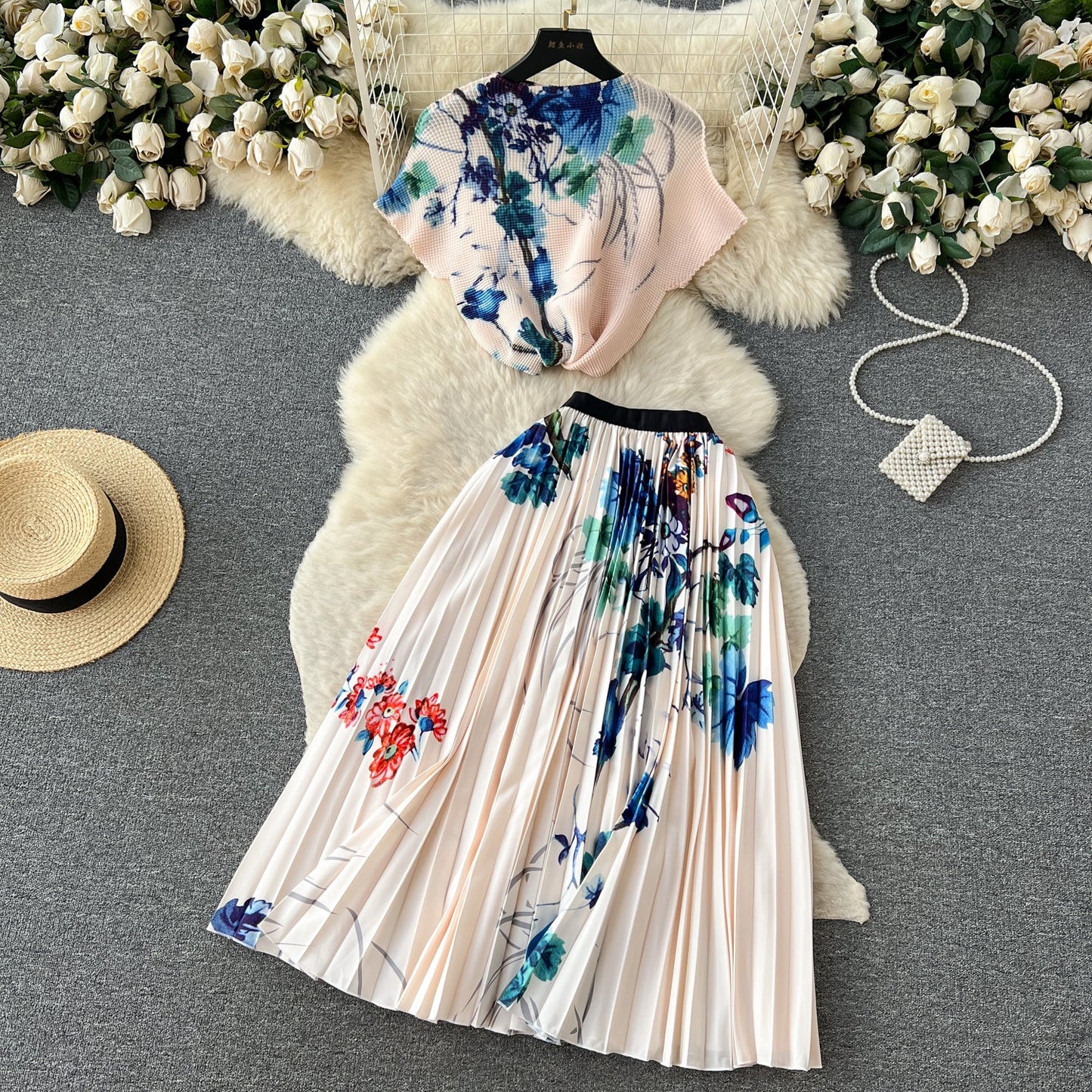 Printed Top&Pleated Skirt 2Pcs