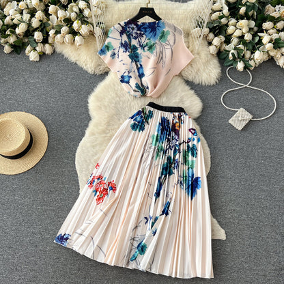 Printed Top&Pleated Skirt 2Pcs