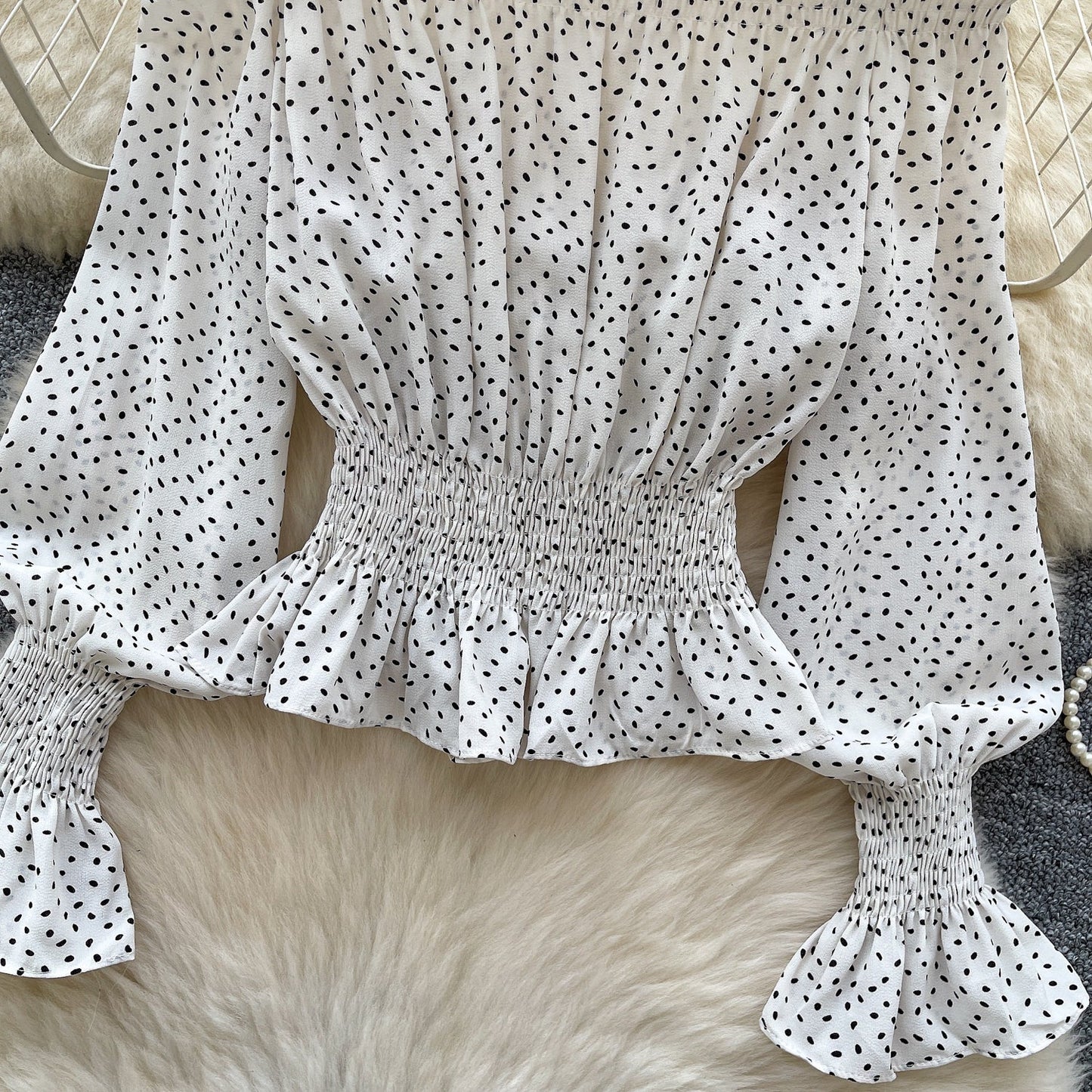 Retro-Inspired Off-Shoulder Dot Print Top