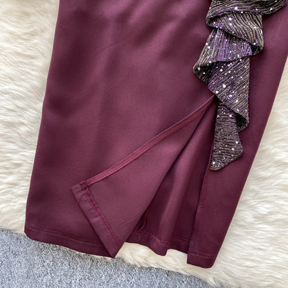 Sequined Mesh Patchwork Satin Dress