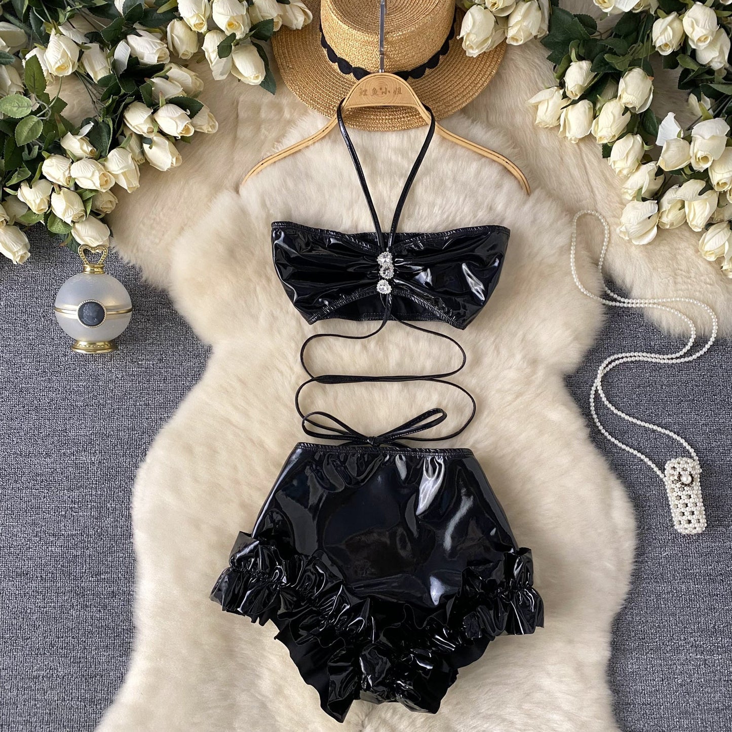 Halter Top&Ruffled Shorts PU 2Pcs