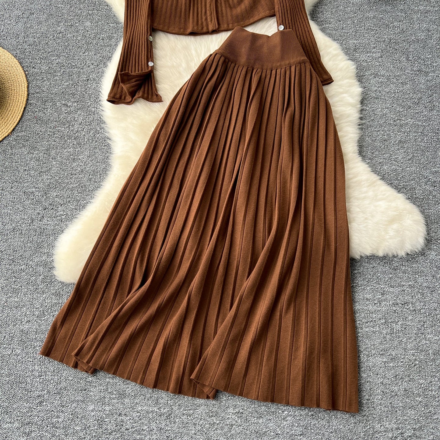 Cardigan&Pleated Skirt Knitted 2Pcs