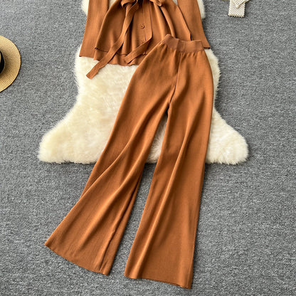 Tie Front Lounge Set Cozy Cardigan & Wide Leg Trousers