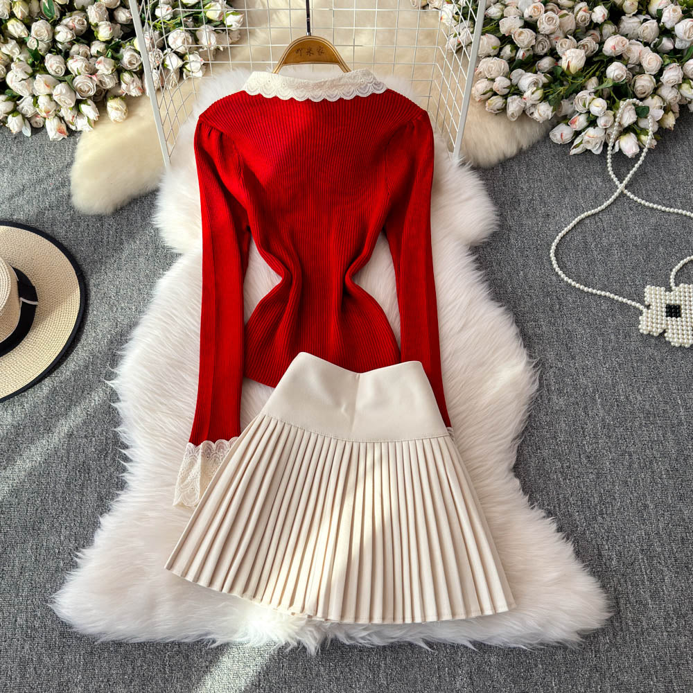 Lace Bow-tie Knitwear&Skirt Elegant 2Pcs