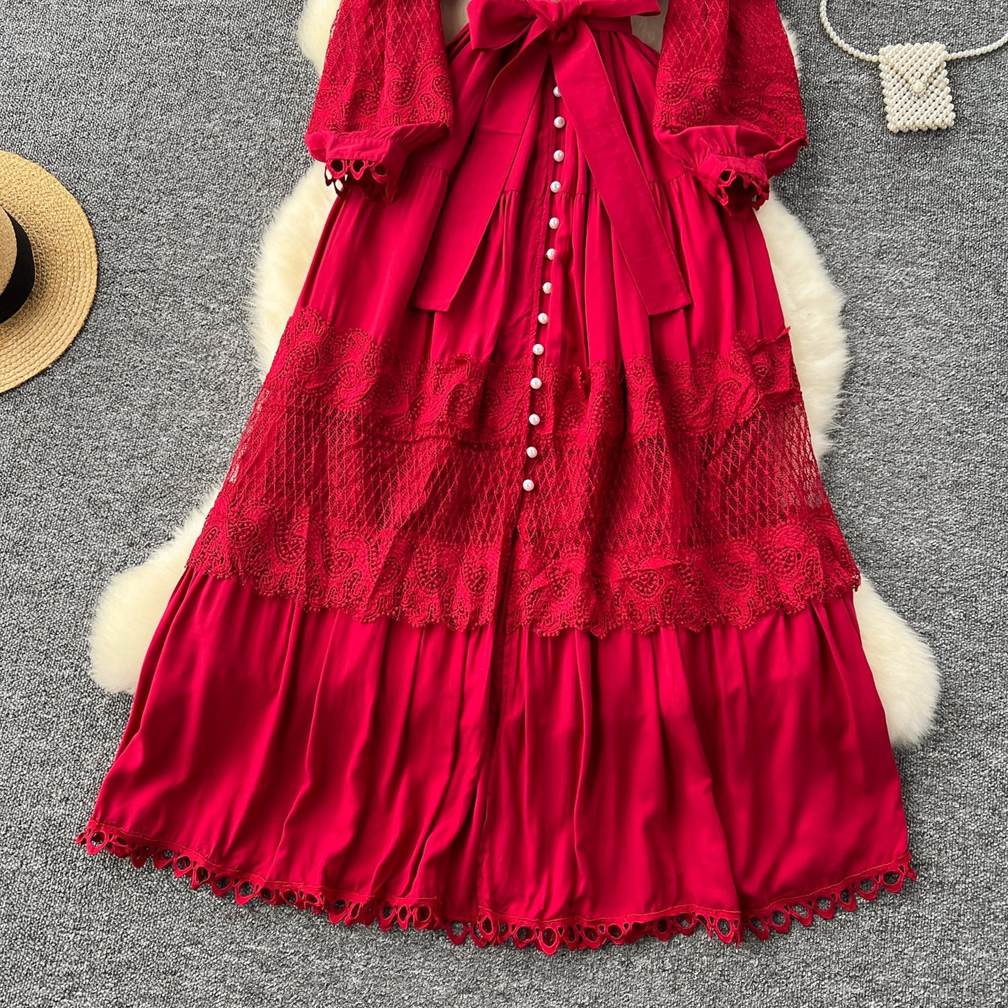 Vintage Lace Patchwork Single-breasted Dress