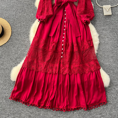 Vintage Lace Patchwork Single-breasted Dress