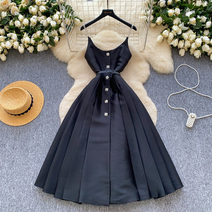 Elegant Pleated Slip Dress with Waist Belt