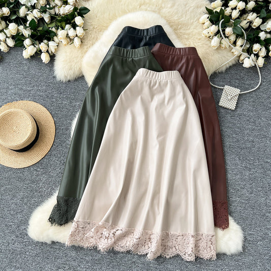 Geometric Lace & Faux Leather Midi Skirt