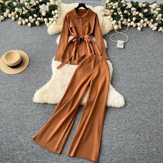 Tie Front Lounge Set Cozy Cardigan & Wide Leg Trousers