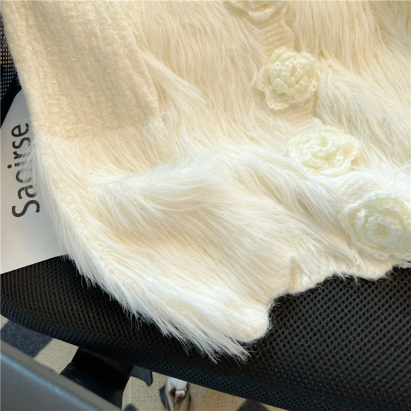 3D Flower Mink Patchwork Cardigan