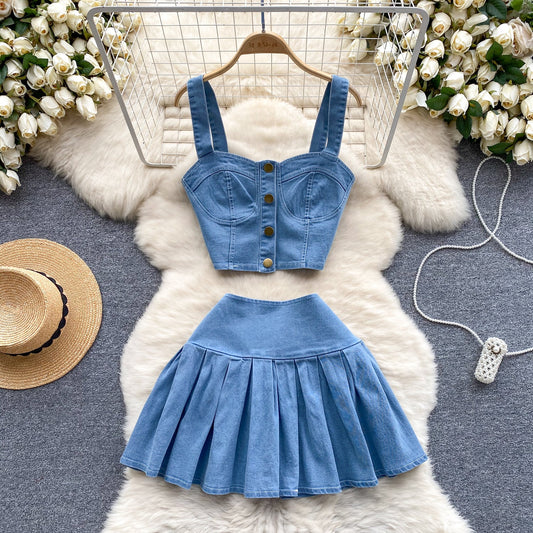 Denim Camisole & Pleated Skirt Set