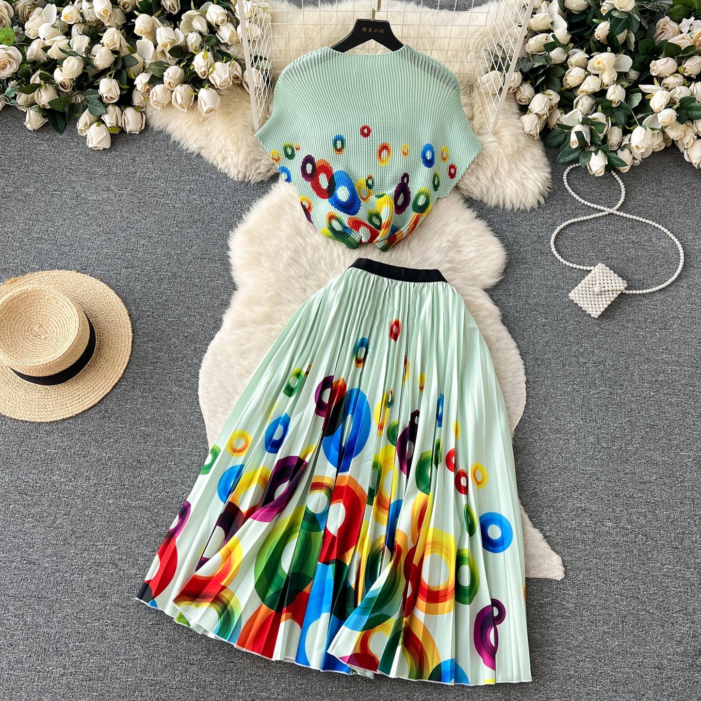 Printed Top&Pleated Skirt 2Pcs