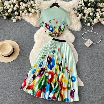 Printed Top&Pleated Skirt 2Pcs