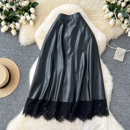 Geometric Lace & Faux Leather Midi Skirt