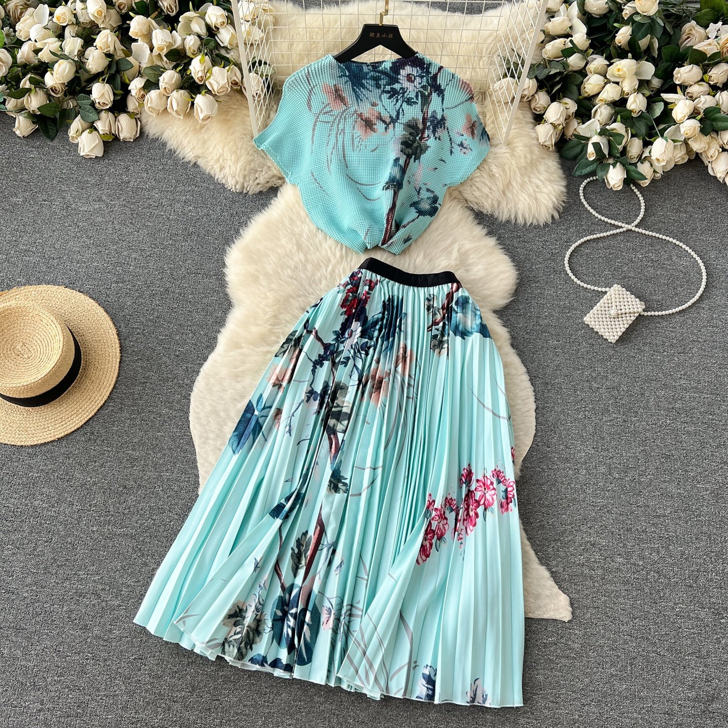 Printed Top&Pleated Skirt 2Pcs