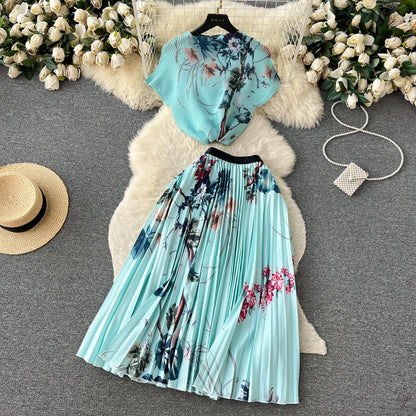 Printed Top&Pleated Skirt 2Pcs