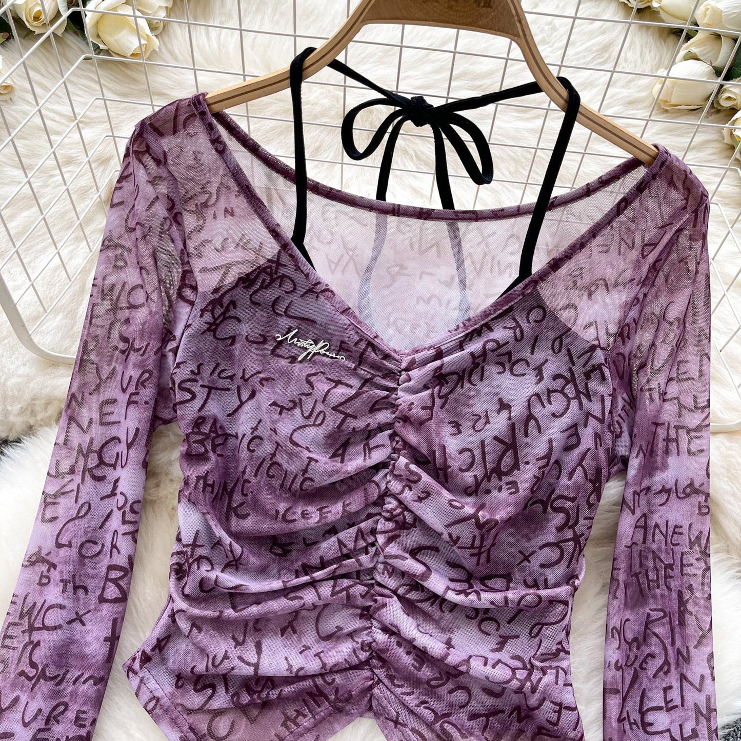 Faux Two-pieces Pleated Printed Top