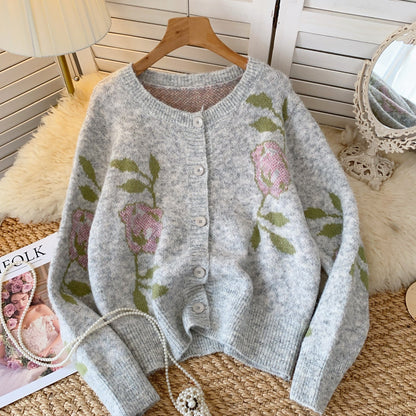 Round Collar Floral Embroidered Cardigan