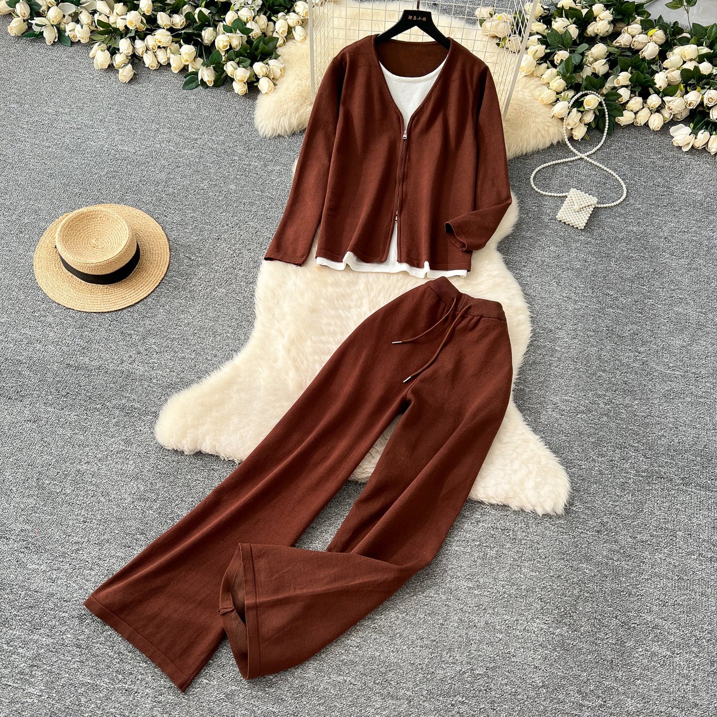 Faux Two-pieces Cardigan & Trousers 2Pcs