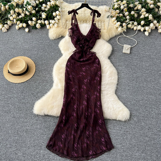 Purple V-neck Ruffled Evening Gown